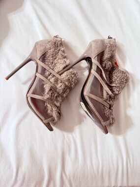 Charles Jourdan Taupe Mesh & Fur Strappy Stilettos
